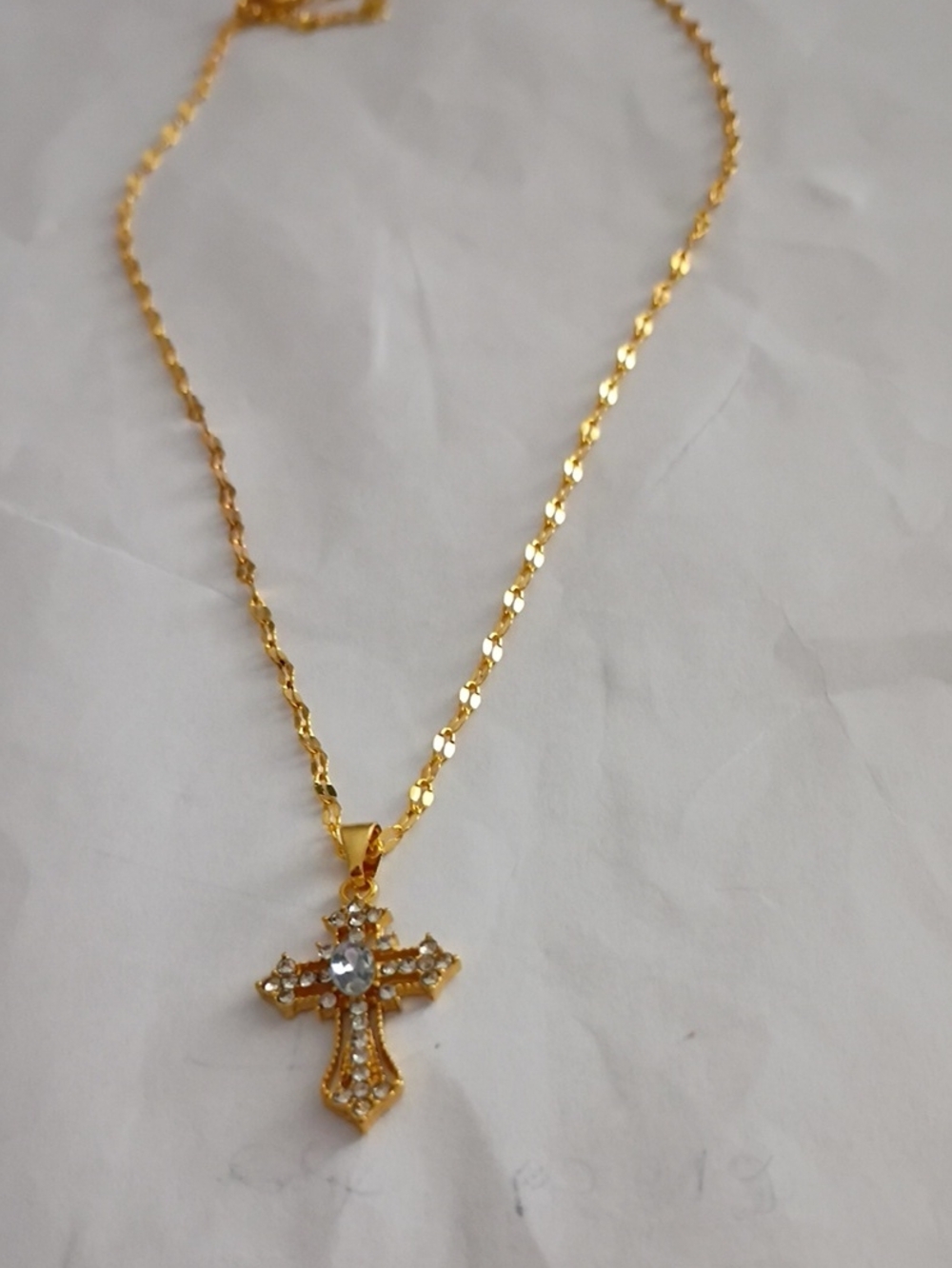 Gold Cross Necklace with Clear Crystal Accent